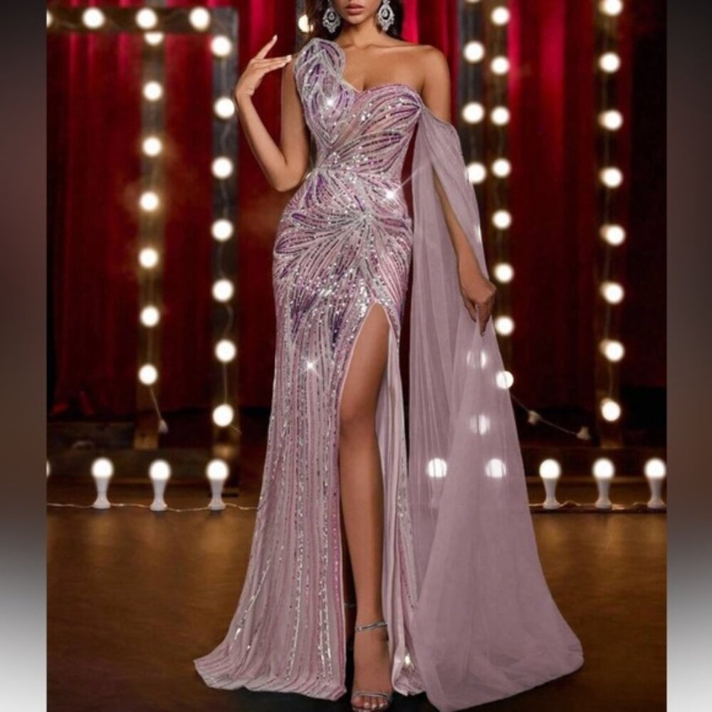 Elegant Pink and Silver One Shoulder Sequins Evening Dress